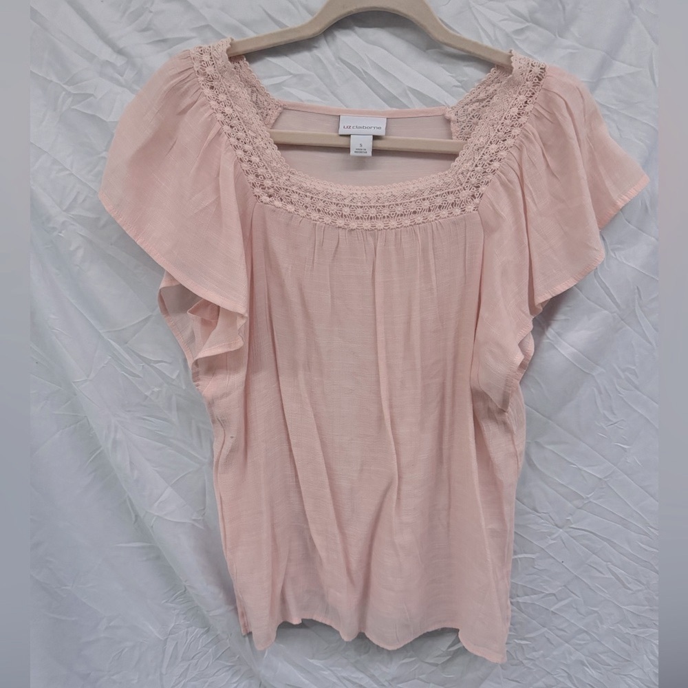 Liz Claiborne Pink Lace Crochet Trim Blouse sz S
